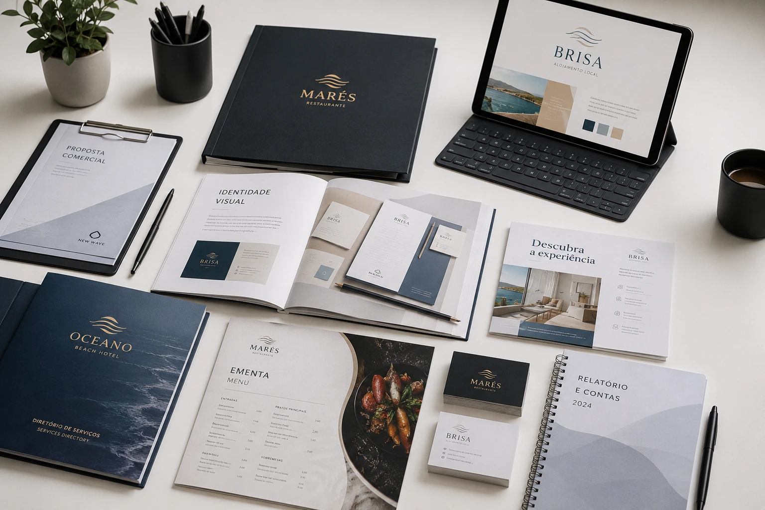 Mesa branca de trabalho com documentação empresarial, portefólio premium e tablet